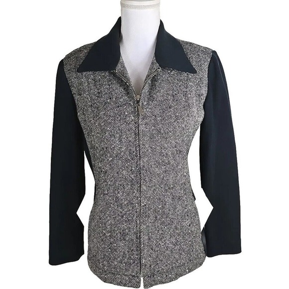 VNTG. LIZSPORT~Woman Sz 8 Petite~ Black/White 100% Wool Zip-Up Blazer Colorblock - Picture 7 of 12